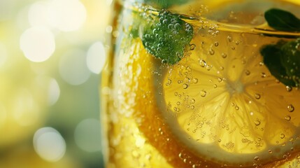 118.High-resolution close-up of condensation on a glass filled with cold lemon water, highlighting vibrant yellow hues, fresh green herbs, and a bright summer ambiance.
