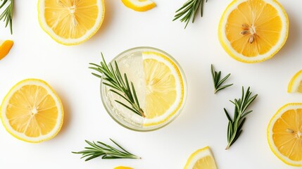 119.Modern summer refreshment banner with a top-down view of sliced lemons, rosemary sprigs, and a glass of sparkling citrus water against a clean white background.