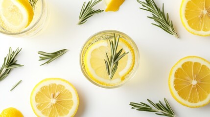 119.Modern summer refreshment banner with a top-down view of sliced lemons, rosemary sprigs, and a glass of sparkling citrus water against a clean white background.