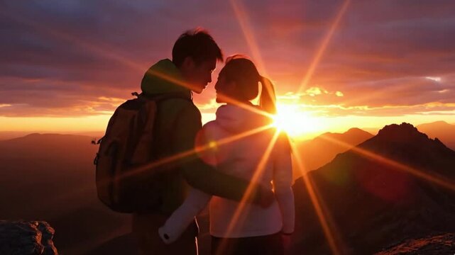A romantic couple is silhouetted against a breathtaking mountain sunset or sunrise, standing close with their foreheads touching in a moment of intimate connection and shared awe. The radiant golden h