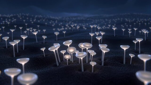 bioluminescent mushroom field glowing under midnight sky, alienlike nocturnal landscape with clustered caps and slender stems, xenobotanist collecting luminous samples, ethereal cinematic