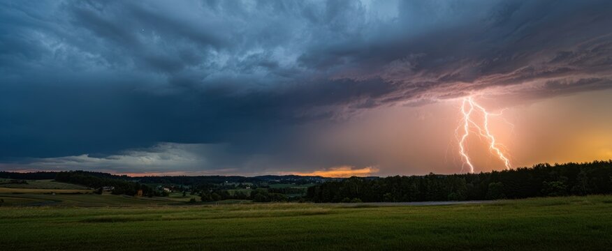 The Lightning Strike Over Stormy Countryside at Dramatic Sunset Above Rolling Green Fields
