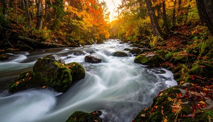 Fast-flowing river through colorful autumnal forest, sunlit