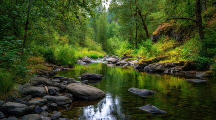 Fototapeta premium Serene clear stream winding through lush green forest rocks and foliage