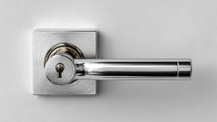 Modern Chrome Door Handle with Keyhole on White Background.