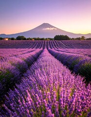 Field of purple blooms leads to a mountain under a sunset sky