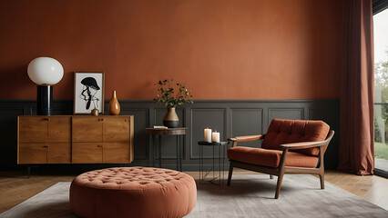 Elegant Mid-Century Modern Living Room Interior with Terracotta Orange Walls Tufted Ottoman and Armchair Furniture Design Set Against Dark Gray Wood Paneling and Minimalist Decor Accents