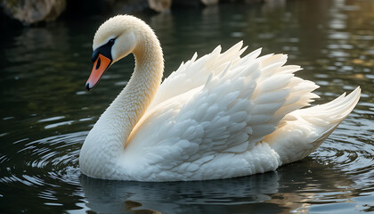 Naklejka premium Elegant white swan swimming in calm deep blue water pond
