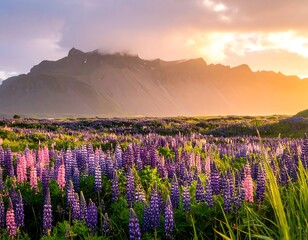 Field of purple wildflowers with a mountain under a sunset sky