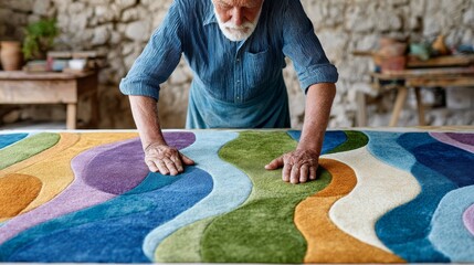 Lifestyle photography of a senior artisan working on a vibrant, wavy patterned rug in a rustic stone studio. Perfect for interior design blogs and craft websites about handmade decor.
