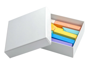 Set of colorful sticks in an open box, with a lid to the side