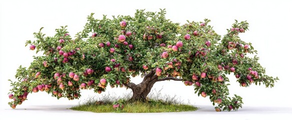 Fototapeta premium The apple tree heavy with ripe red apples sprawling over a grassy patch
