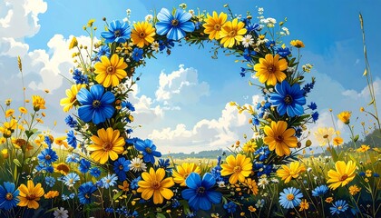 Floral ring of yellow and blue blooms set against a sunny sky
