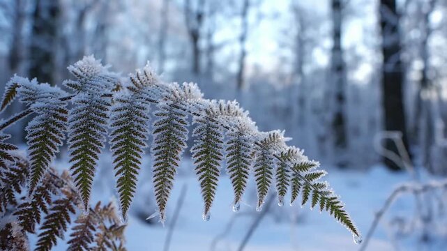 Gentle Wind & Frost Slow, gentle tracking shot or subtle parallax revealing hoar frost-covered ferns subtly swaying in a light, cold breeze, highlighting the fragility and movement of the frosted