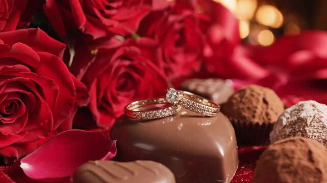 This captivating close-up showcases two sparkling gold rings, one featuring a prominent solitaire diamond and another adorned with pav&eacute; diamonds, delicately placed upon a rich, heart-shaped chocolate.