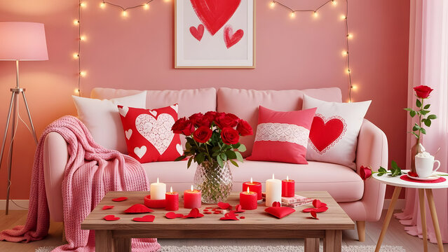 Cozy living room decorated for valentine's day with pink and red theme