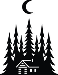 Minimal vector silhouette, small cabin in the woods with pine trees and a crescent moon above, solid black, isolated on white.