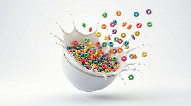 Colorful Fruit Cereal Rings Splashing into White Bowl with Milk
