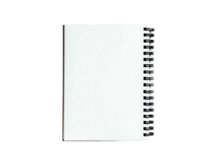 Open blank spiral-bound notebook with white pages on a black background