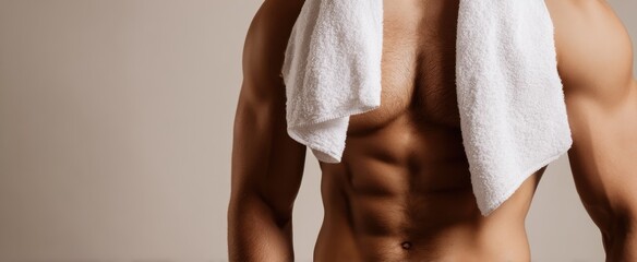 The shirtless male torso with towel draped over shoulders in studio