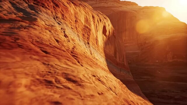 Sun-Kissed Sedimentary Rock Side angle view of vibrant sandstone formations at sunrise, catching direct sunlight.