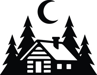 Fototapeta premium Minimal vector silhouette, small cabin in the woods with pine trees and a crescent moon above, solid black, isolated on white.