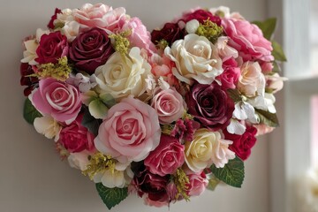 Obraz premium Heart-shaped bouquet of roses with pink, white, and burgundy blooms for romantic gift or decor