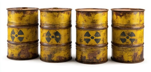 The Barrels of Rusty Yellow Nuclear Waste Arranged in a Row on White Background