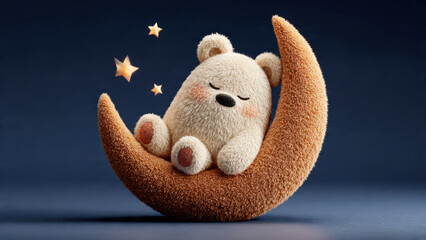 Cute Teddy Bear Sleeping Peacefully on a Crescent Moon with Stars.