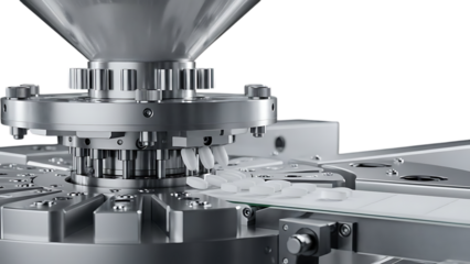 Pharmaceutical pill press machine producing white tablets on a conveyor belt image