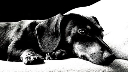 Monochromatic Portrait of a Dachshund Resting Peacefully on a Soft Surface.