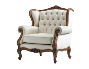 Elegant cream upholstered armchair with ornate dark wood carved frame