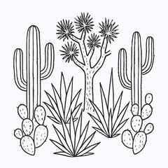 Desert Cactus and Succulent Plant Outline Illustration Set, Joshua Tree and Prickly Pears Black Line Vector Icons Isolated on White Background