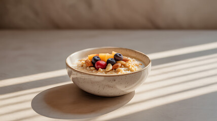 A bowl of oatmeal topped with fresh berries, nuts, and fruit slices, placed on a sunlit surface with striped shadows.