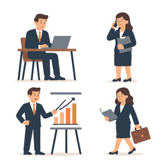Business People Working in Office Flat Vector Illustration Set, Cartoon Characters Engaged in Professional Activity and Teamwork Concept on White Background