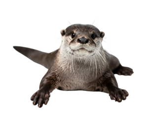 A close-up frontal view of a wet otter with whiskers and dark eyes, resting