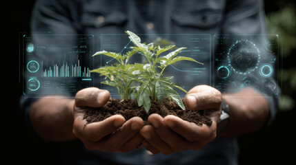 Sustainable agriculture concept eco technology digital farm data green plant fertile soil innovation future farming environmental conservation organic growth smart analysis