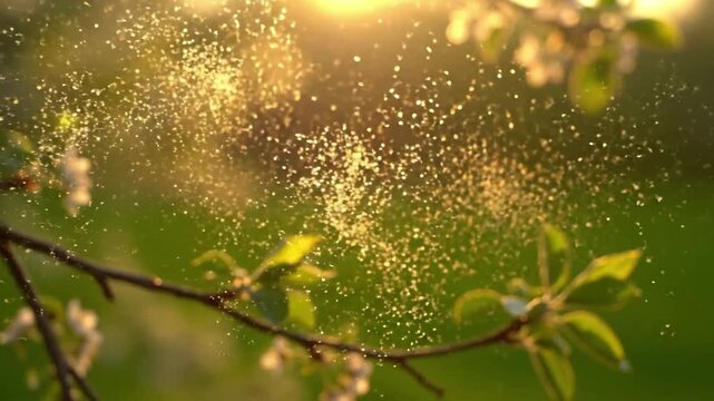 Sunlit Atmospheric Drift A shot through sun-dappled trees or branches, showcasing countless tiny pollen specs floating and drifting through shafts of light, creating an ethereal atmosphere.