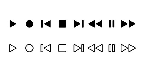 Media player icon set, controls, play, pause, stop, record, rewind and forward, vector, illustration
