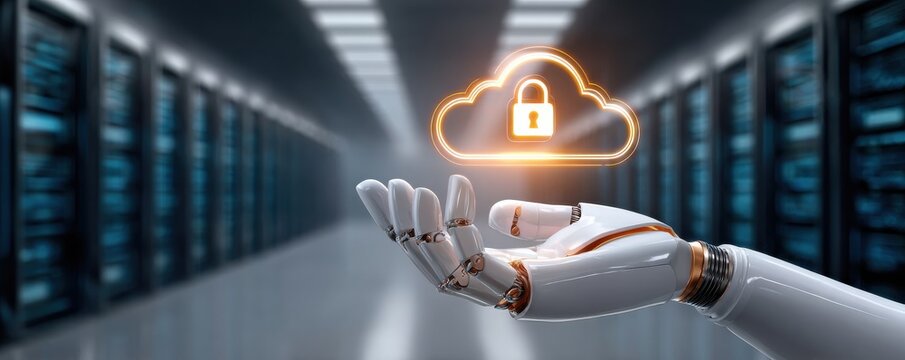 Robot hand holds glowing cloud security icon in data center, symbolizing cloud protection and data security - Powered by Adobe