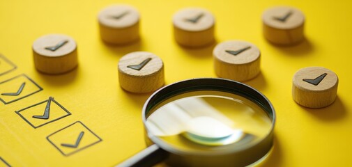 The magnifying glass inspecting wooden checkmarks on a bright yellow checklist background