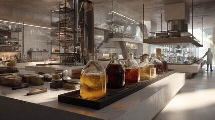 Modern laboratory kitchen stainless counter glass bottle liquid extract gourmet science professional chef food innovation industrial interior warm light clean space modern laboratory kitchen with