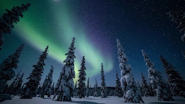 Remote Arctic Landscape Wide shot of a desolate, pristine snowfield and icy terrain under a dynamic and colorful aurora display.