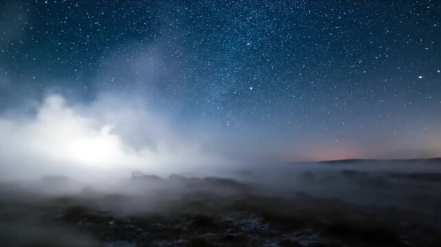Drifting Mist Time-Lapse Slow, sweeping time-lapse showing the ethereal milky haze gradually moving, thickening, and dissipating across the nocturnal field, revealing more or less of the star-filled