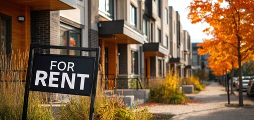 Fototapeta premium The For Rent Sign in a Suburban Residential Street with Autumn Trees