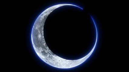 Crescent moon phase with glowing blue edge in space