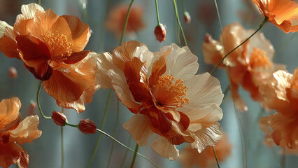 Close-up of delicate orange and white poppies in soft natural light, creating a serene floral display.