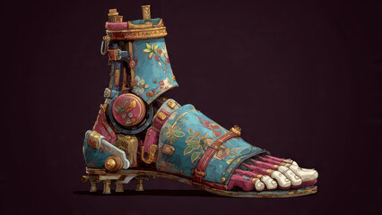 Intricate Steampunk Foot Prosthesis with Ornate Details and Vibrant Colors.