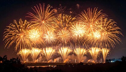 Golden fireworks exploding in the night sky over a dark landscape