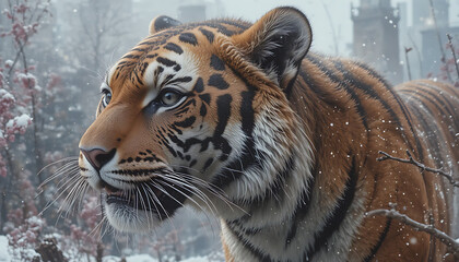 Siberian tiger walking in snowy winter forest landscape
